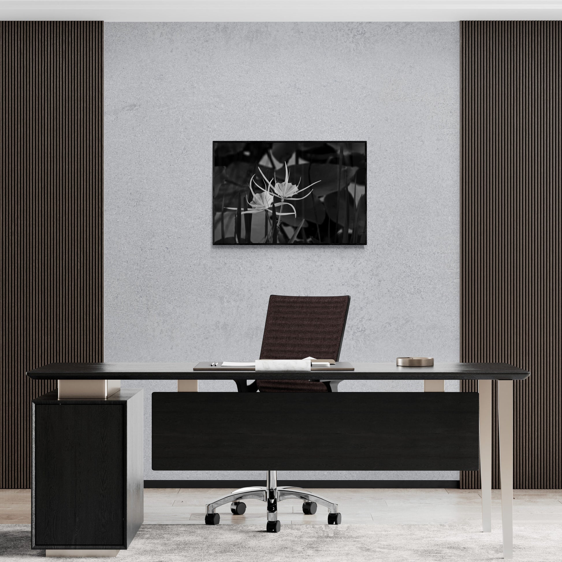 Alligator Lily, Original photograph by Kim A. Bailey hanging in a modern office.
