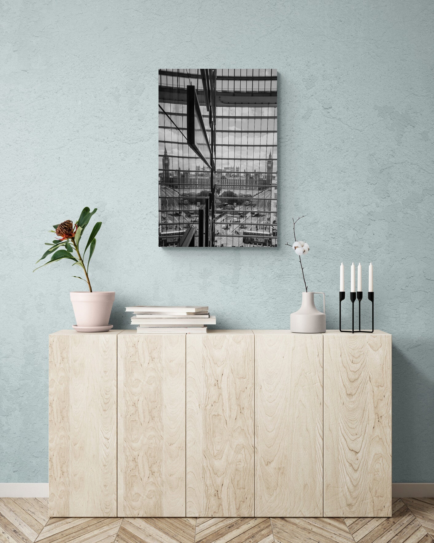 Big-Ben-BW Original Photograph by Kim A. Bailey Over a modern-wooden-cabinet-with-plants-1
