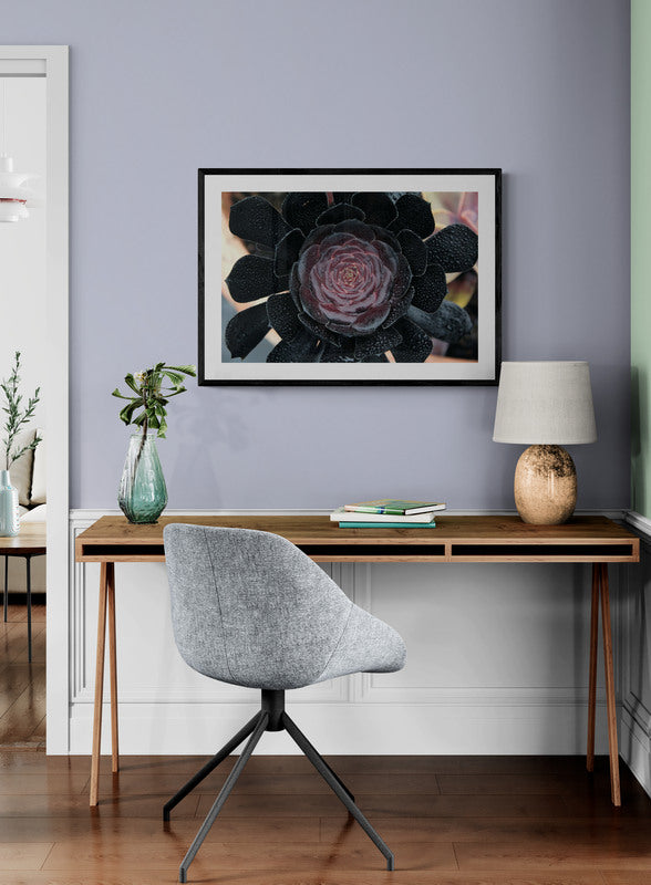 Modern home office with a desk, chair, lamp, and framed artwork on a purple wall. Black and Green Succulent 