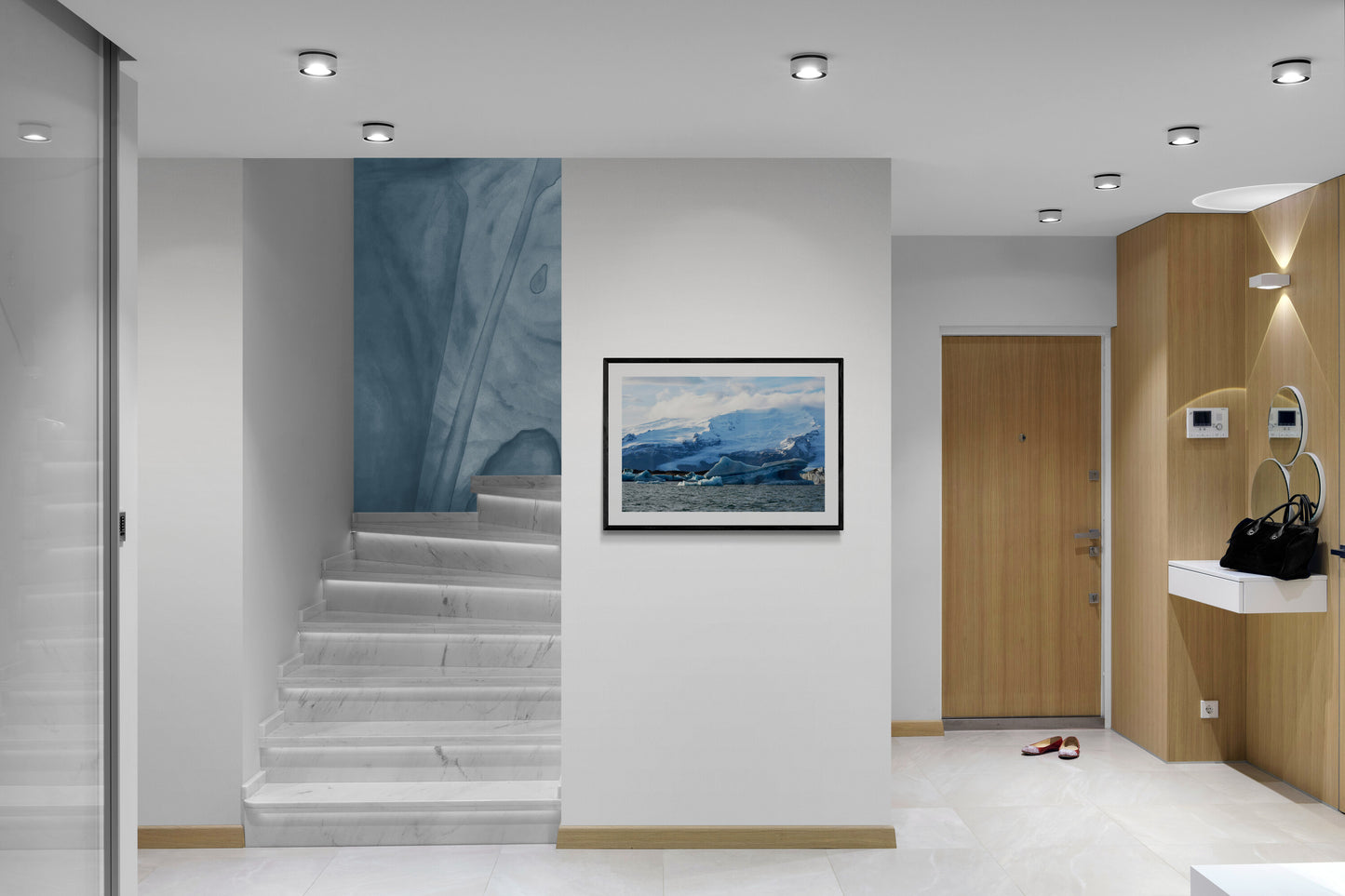 Modern hallway with a framed picture on the wall. Blue-Glacier-Ice Original Photograph by Kim A. Bailey