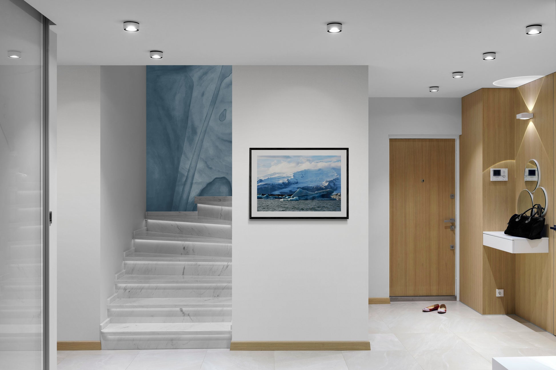 Modern hallway with a framed picture on the wall. Blue-Glacier-Ice Original Photograph by Kim A. Bailey