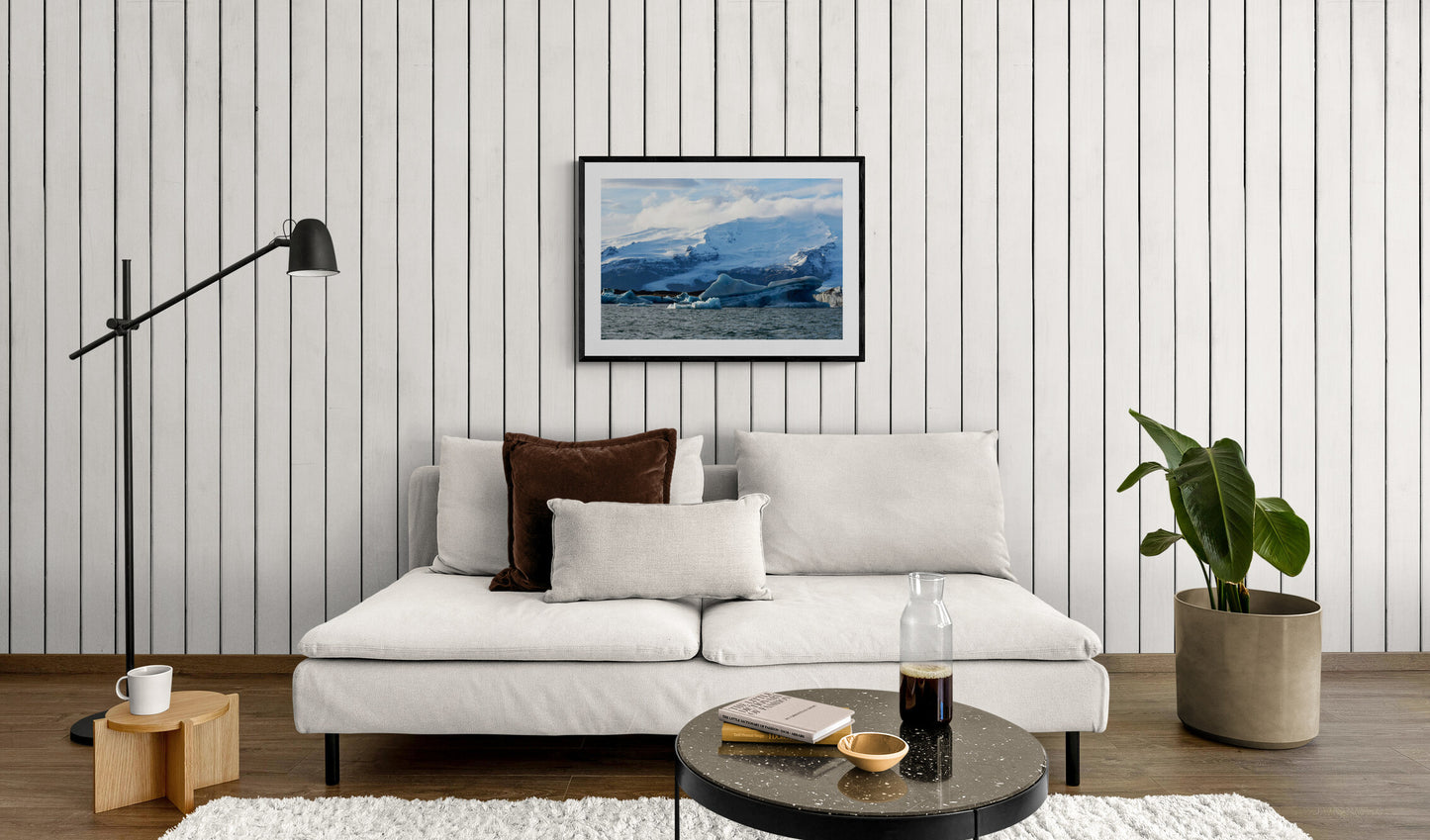 Modern living room with a sofa, cushions, and a wall painting. Blue-Glacier-Ice Original Photograph by Kim A. Bailey