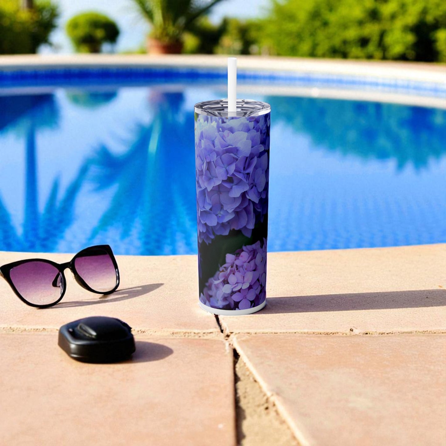 20 oz. Skinny Tumbler with Straw Featuring "Blue Hydrangeas" Photograph by Kim A. Bailey