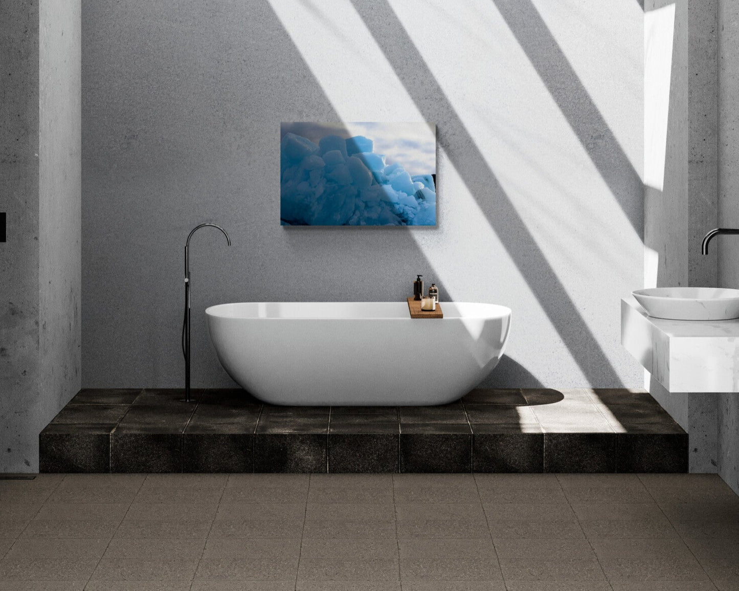 Blue Ice Original Photograph by Kim A. Bailey Hanging in a Modern Bathroom