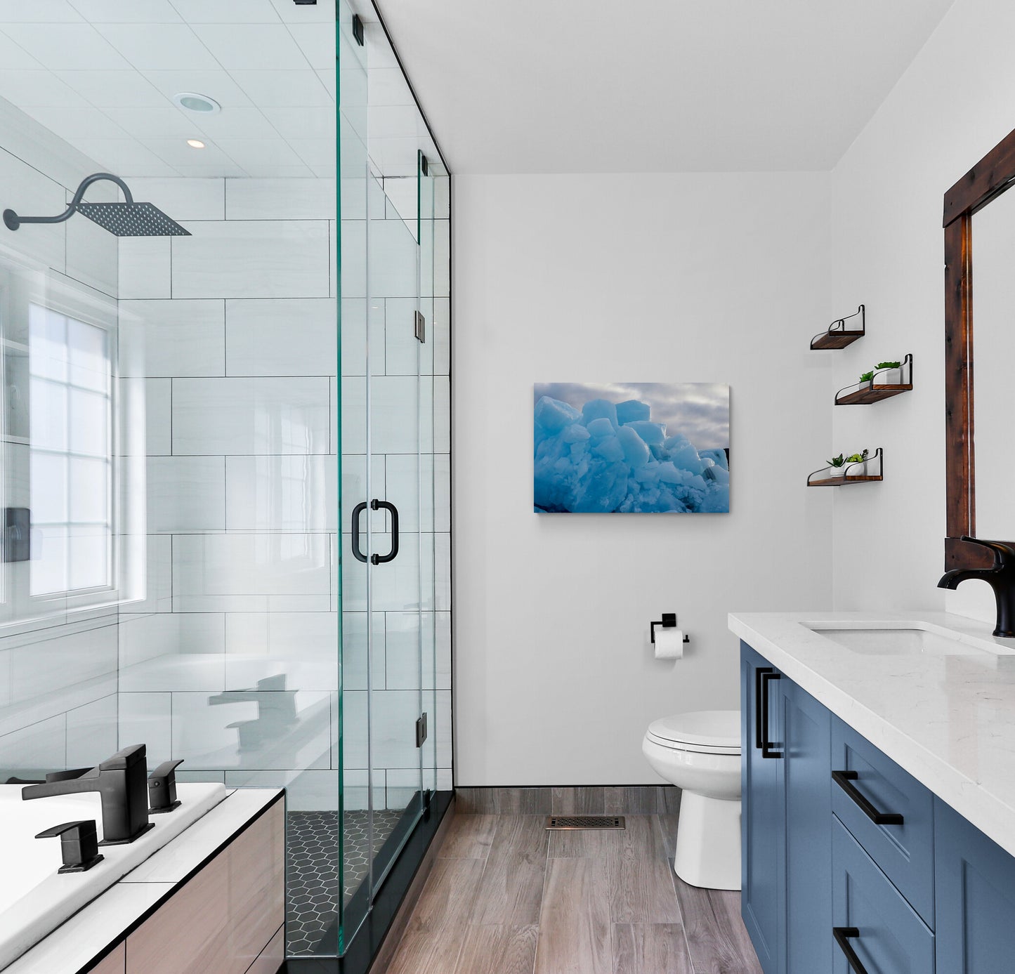 Blue Ice Original Photograph by Kim A. Bailey Hanging in a Modern Bathroom