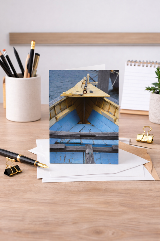 Photograph Note Cards (1, 10, 30, or 50 pcs.), "Blue and Yellow Boat" by Kim A. Bailey