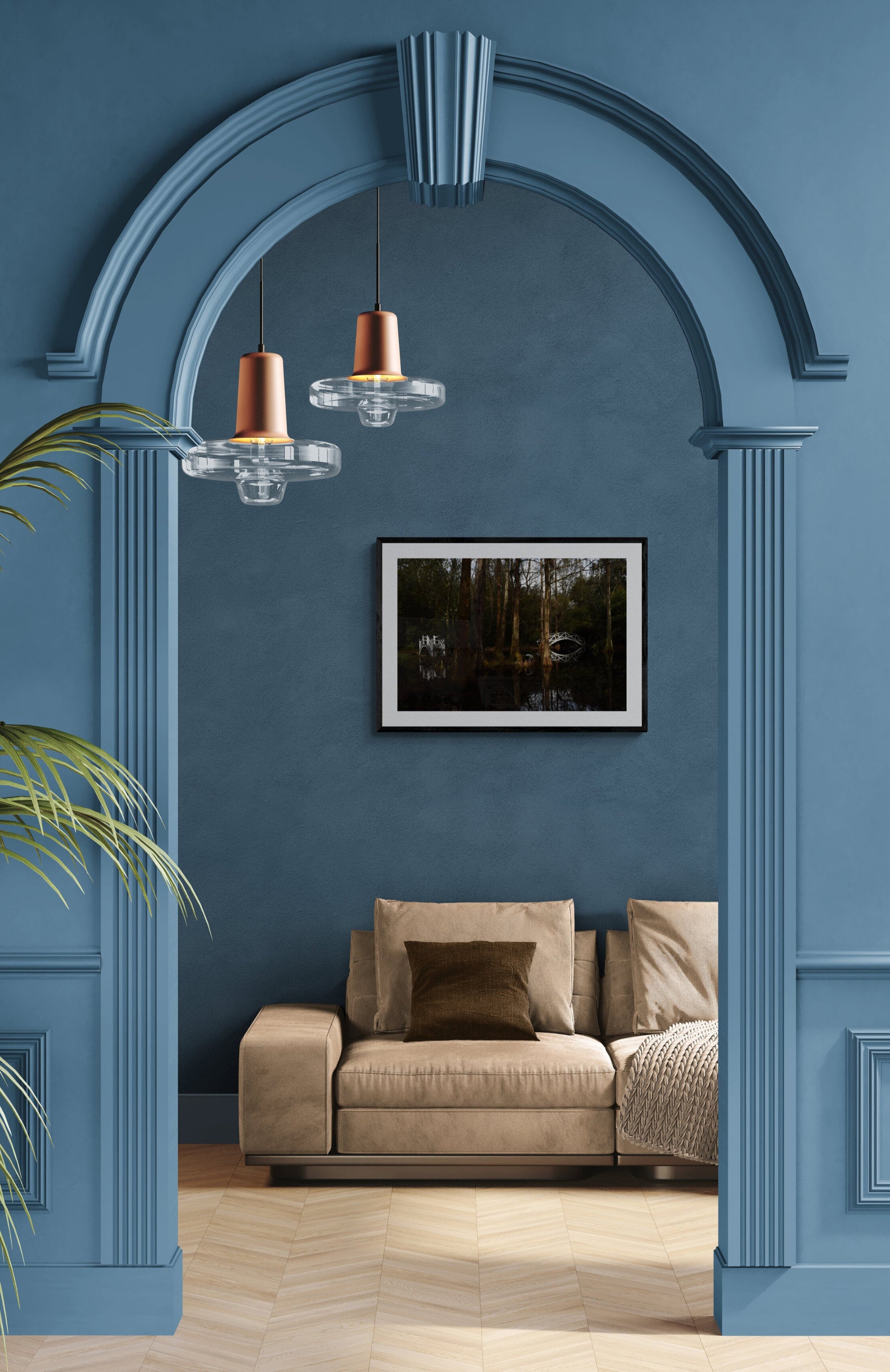Beige sofa in a room with blue walls and decorative archway. Bridges at Magnolia Gardens, Original Photograph by Kim A. Bailey