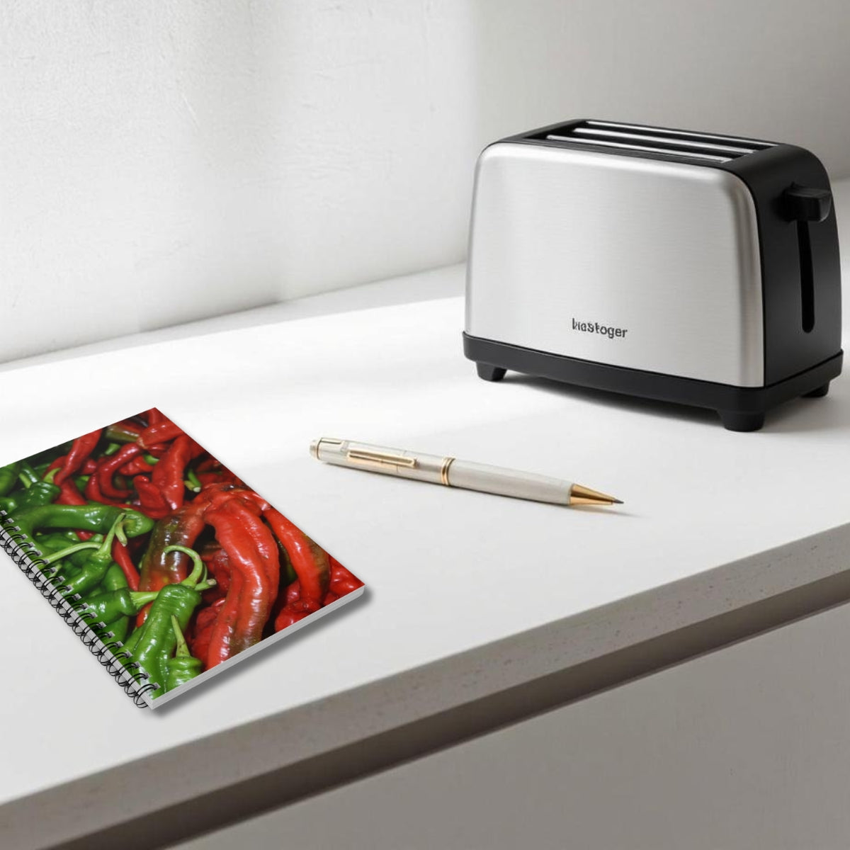 Kettle and Toaster on a white surface with a notebook and pen.