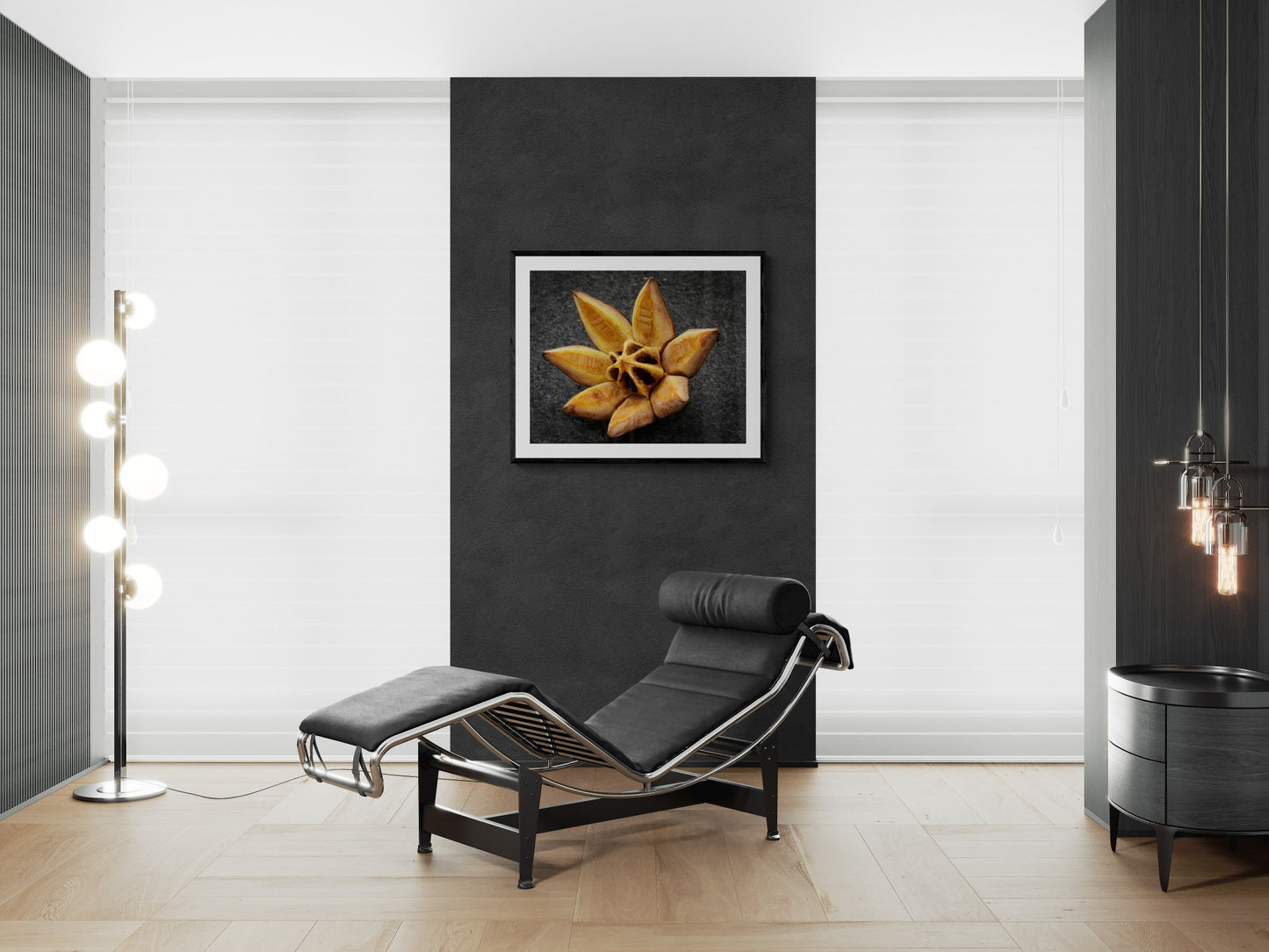 Modern interior with a black leather lounge chair, floor lamp, and abstract wall art.