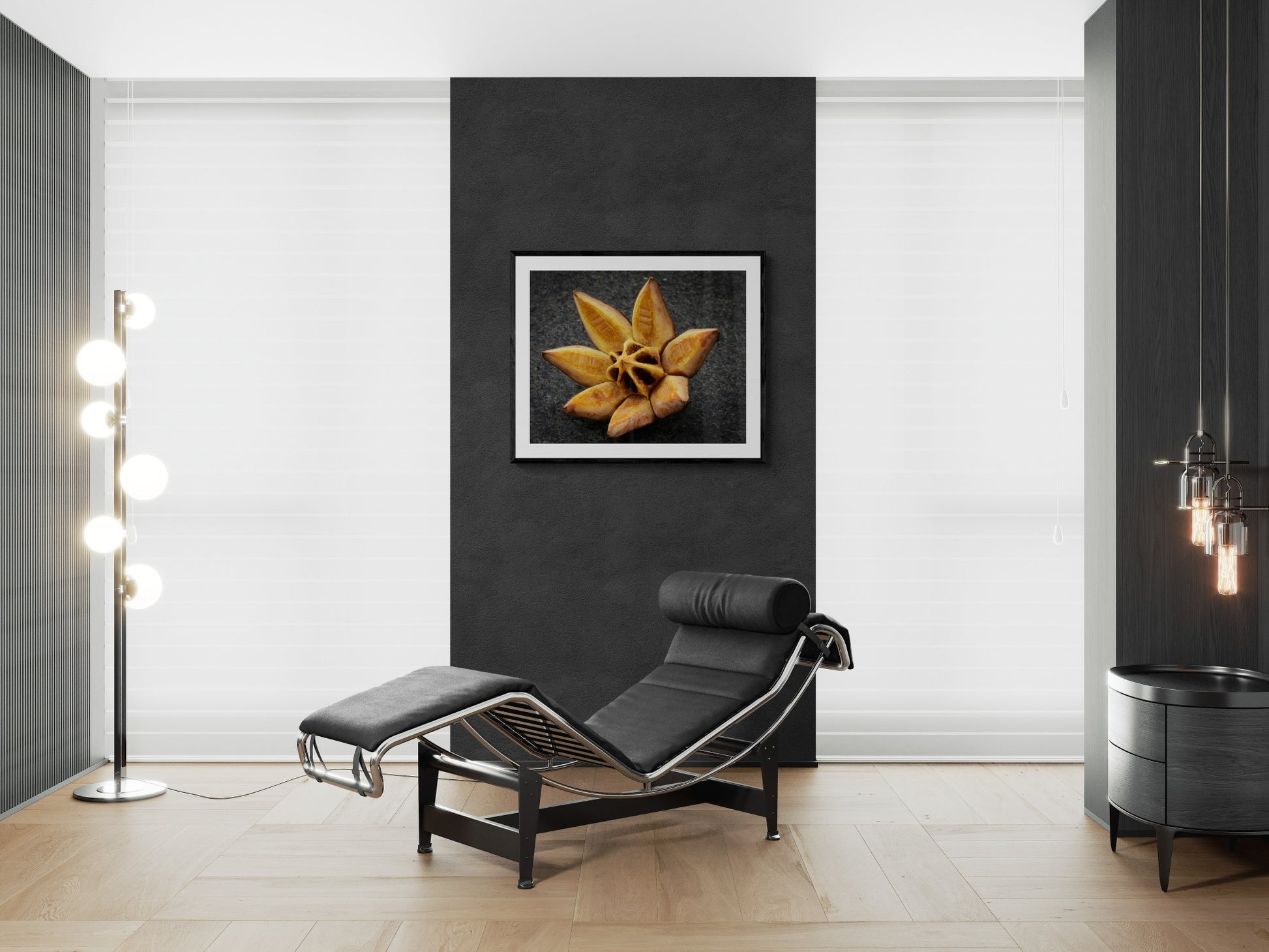 Modern interior with a black leather lounge chair, floor lamp, and abstract wall art.