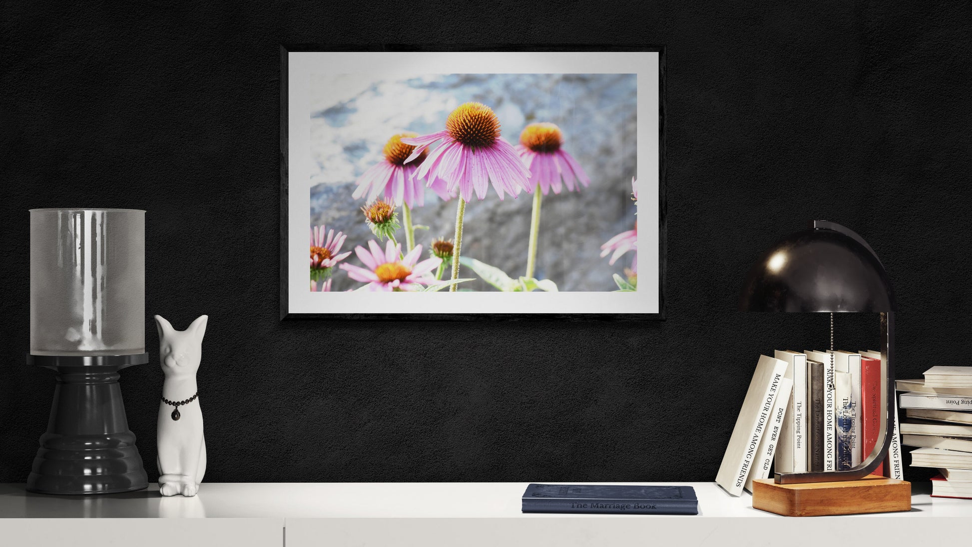 Framed photograph of pink flowers on a dark wall with decorative items. Echinacea Flower, Original Photograph by Kim A. Bailey
