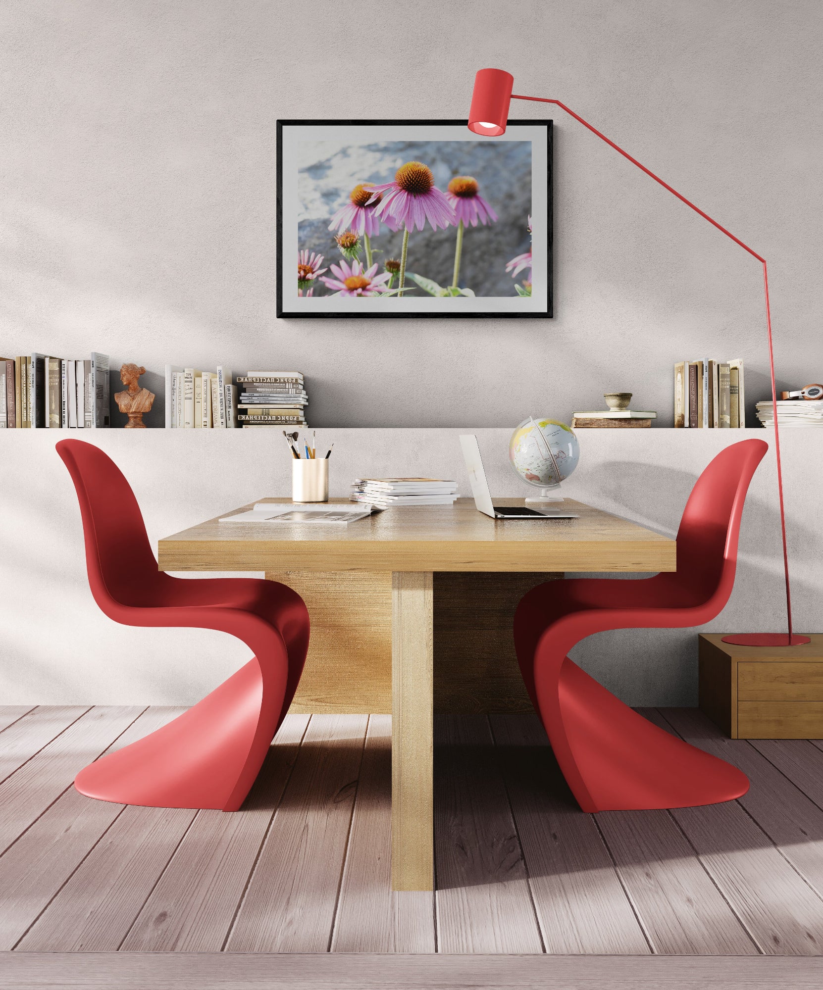 Modern dining room with red chairs and floor lamp
