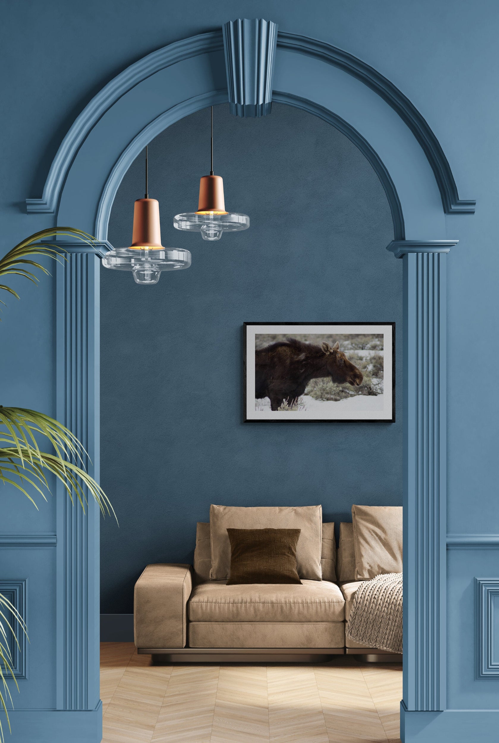 Beige sofa in a room with blue walls and decorative archway. Female Moose in Jackson Hole, Wyoming Original Photograph by Kim A. Bailey