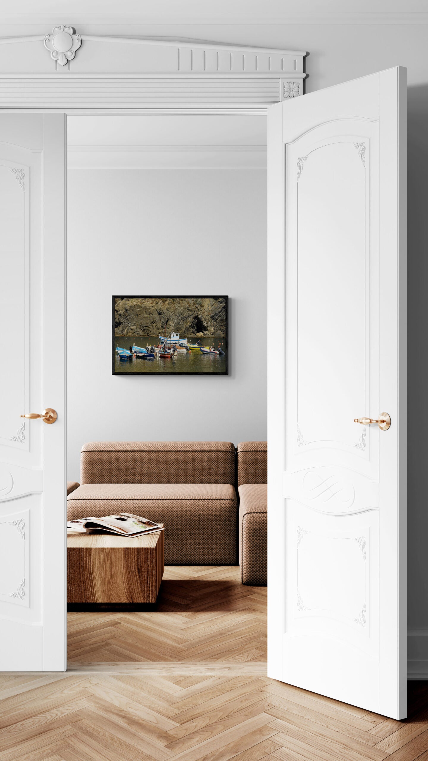 Fishing_Boats_in_the_Bay_Original_Photograph_by_Kim_A._Bailey in a white living room