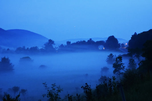 A serene, foggy landscape photograph with trees and distance structures barely visible through the mist. Fog Over Seneca, Original Photograph by Kim A. Bailey