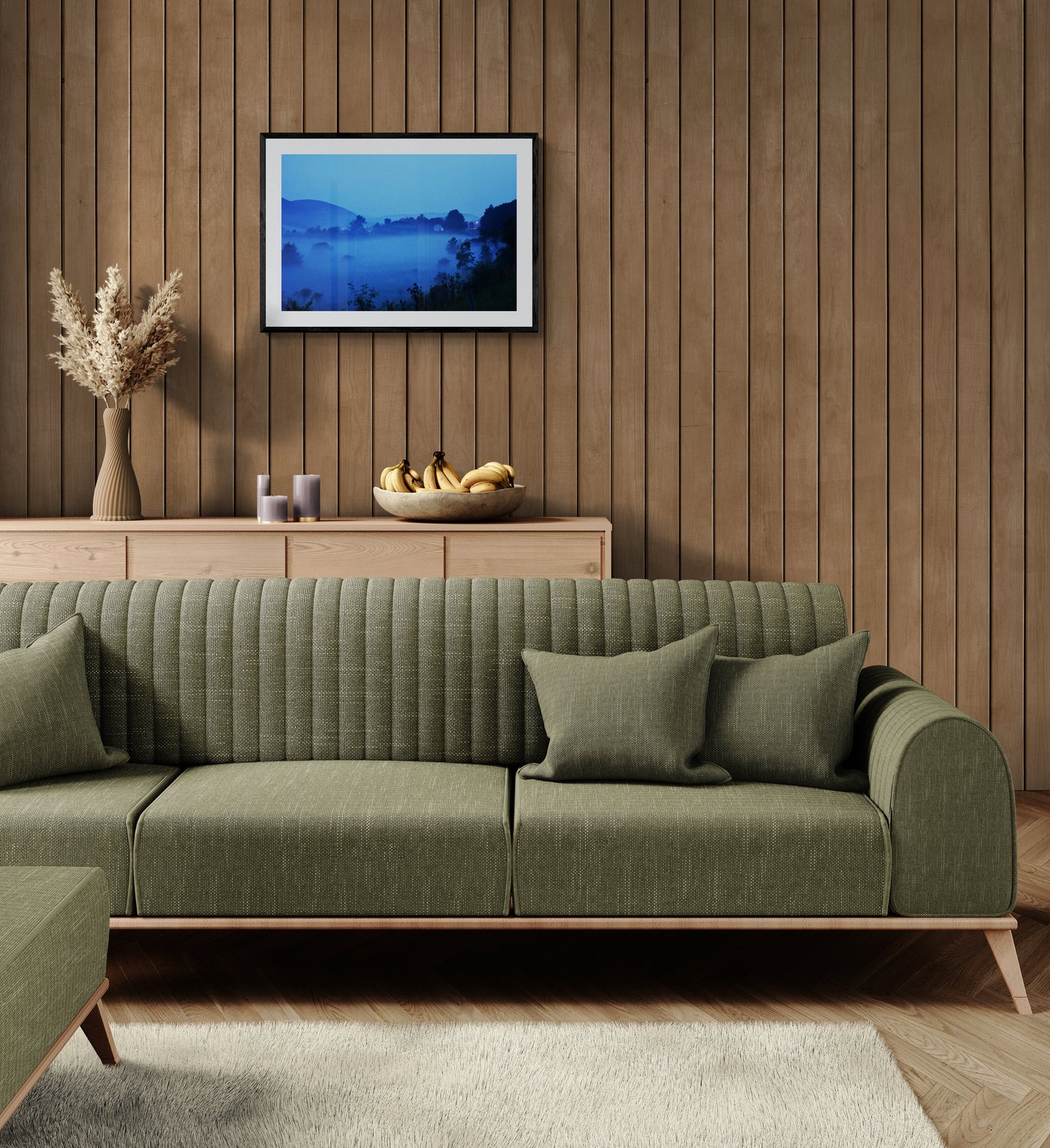 Green sectional sofa in a living room with wooden walls and a rug. Fog Over Seneca, Original Photograph by Kim A. Bailey