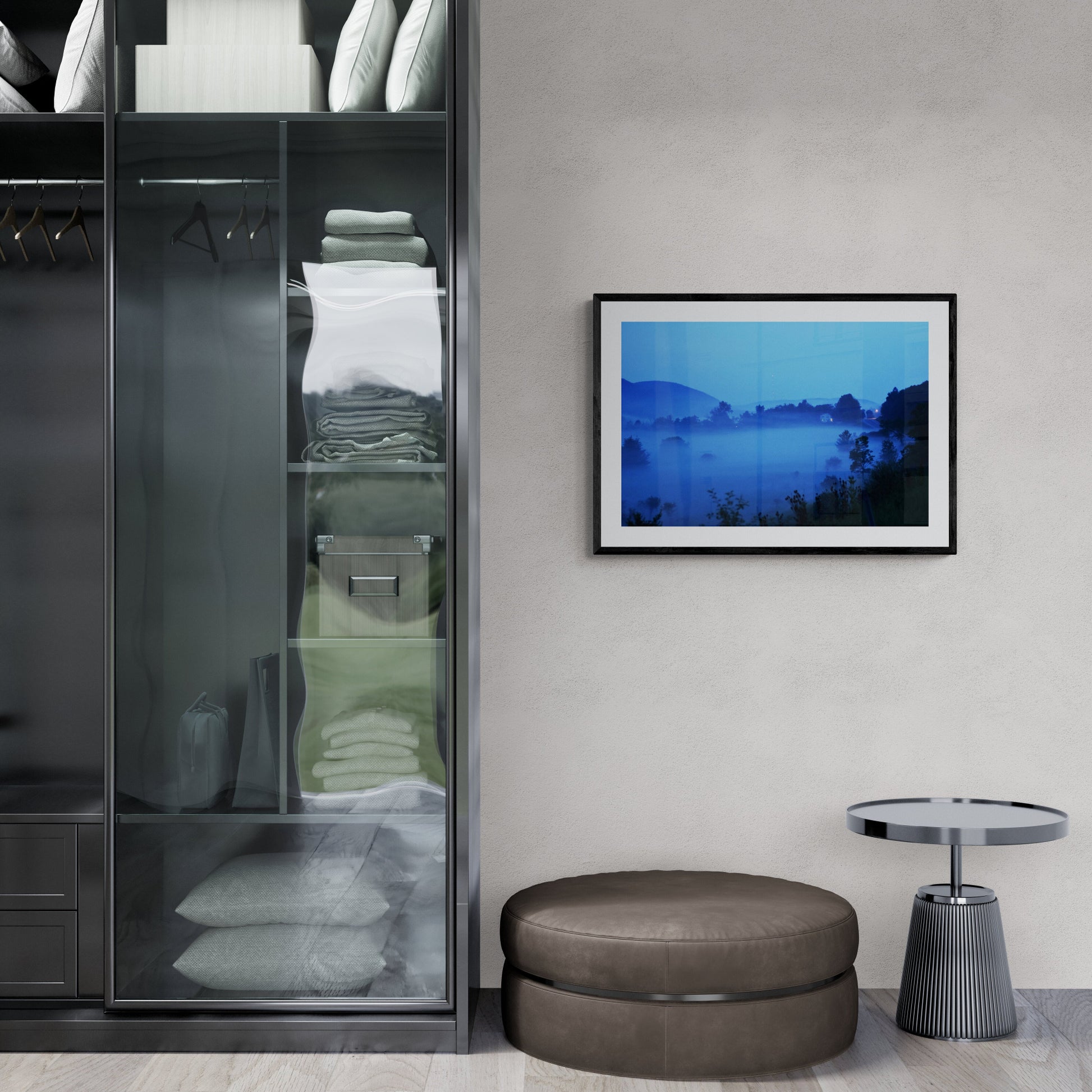Modern bathroom with glass shower enclosure and wall art Fog Over Seneca, Original Photograph by Kim A. Bailey