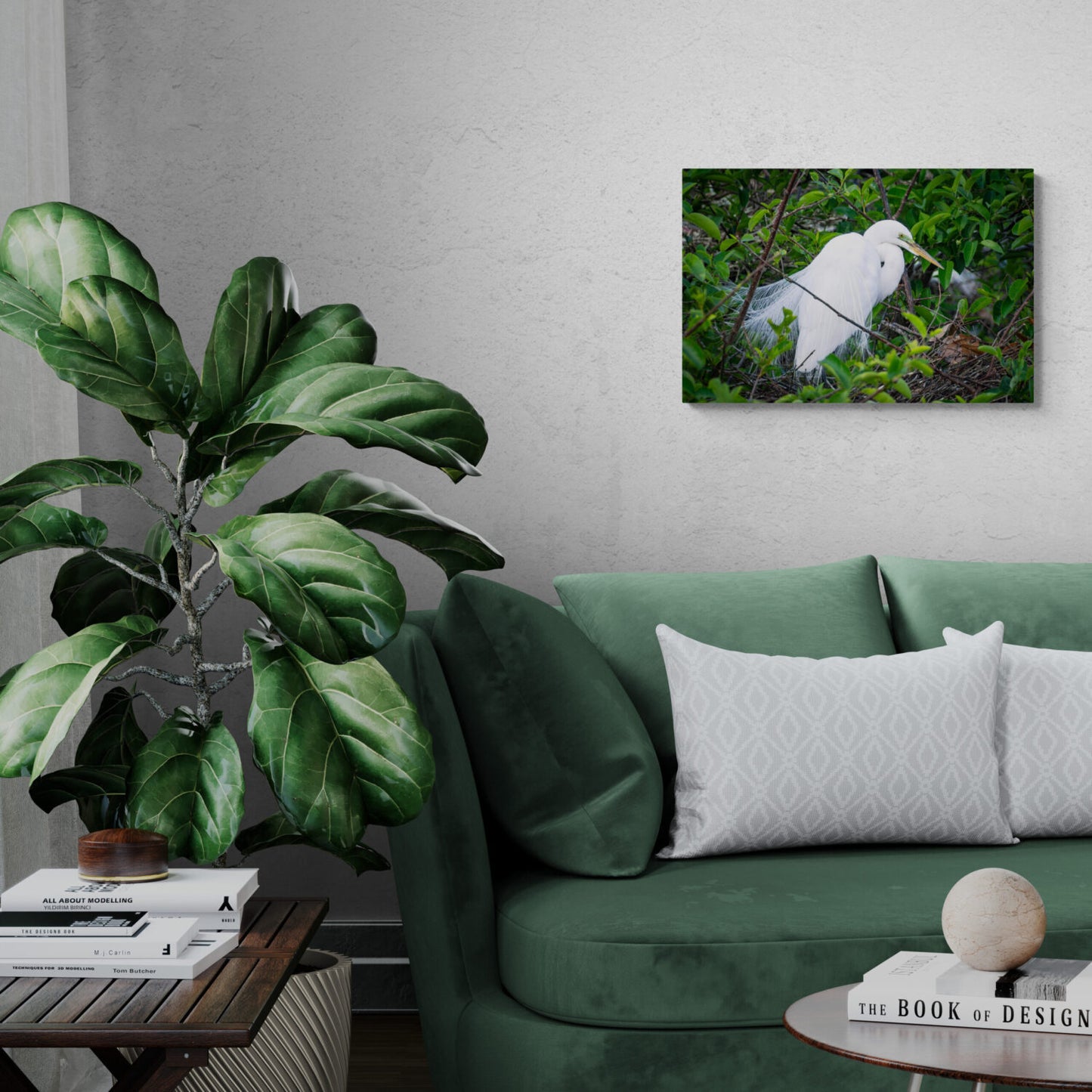 Great_White_Heron_Original_Photograph_by_Kim_A._Bailey Hanging over a green sofa
