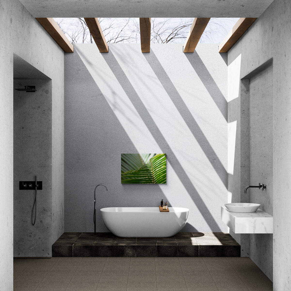 Green-Croton Original Photograph by Kim A. Bailey hanging in a bathroom