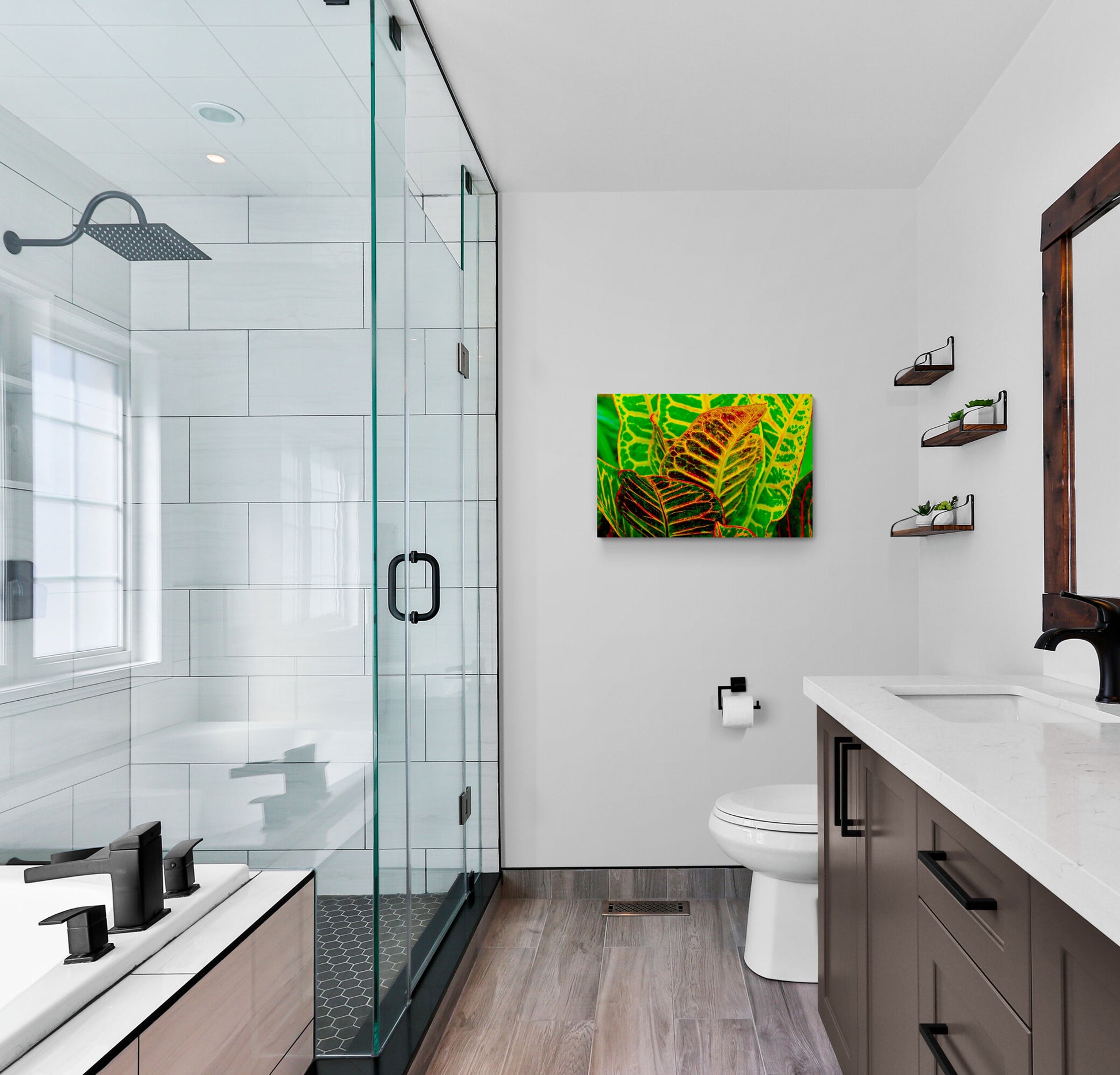 Green-Croton Original Photograph by Kim A. Bailey hanging in a bathroom