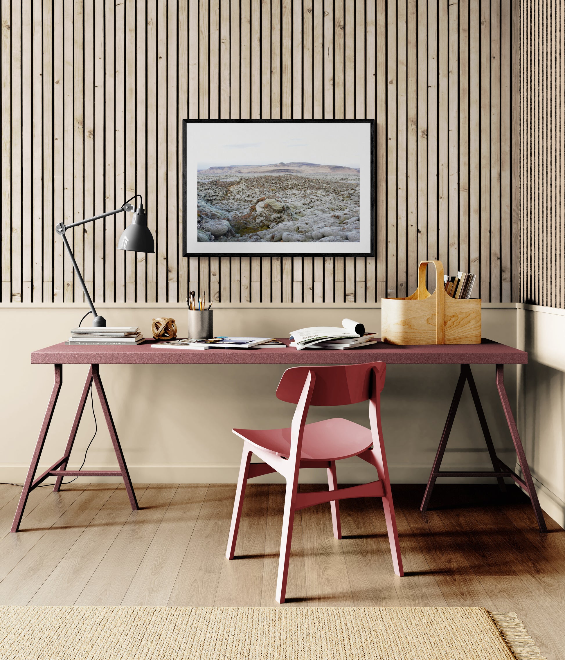 Green-Moss-on-Lava Original Photograph by Kim A. Bailey
Modern home office with a desk, chair, and wall art.