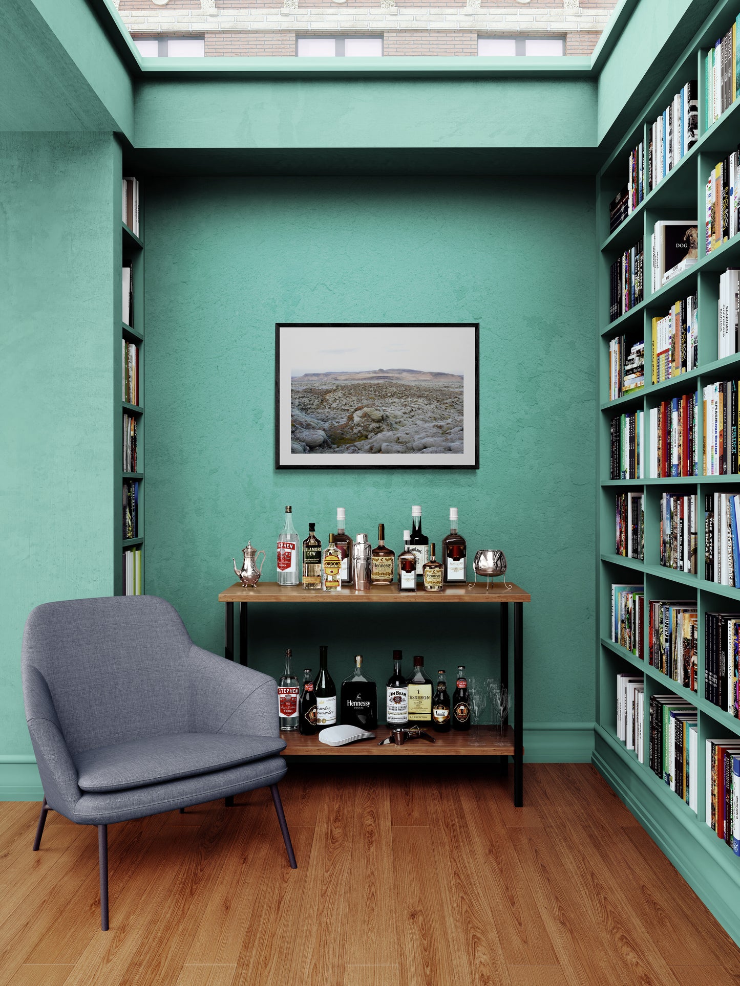 Green-Moss-on-Lava Original Photograph by Kim A. Bailey in a Home Library Small home bar with bookshelves and gray chair against a teal wall.