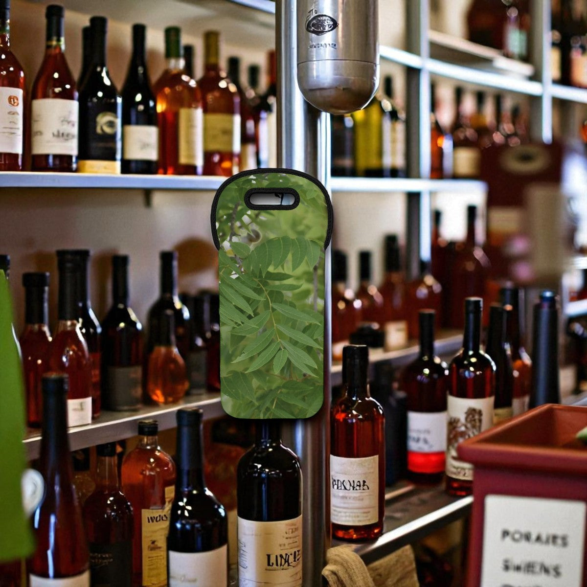 Phone case with leaf pattern in front of wine bottles on shelves
