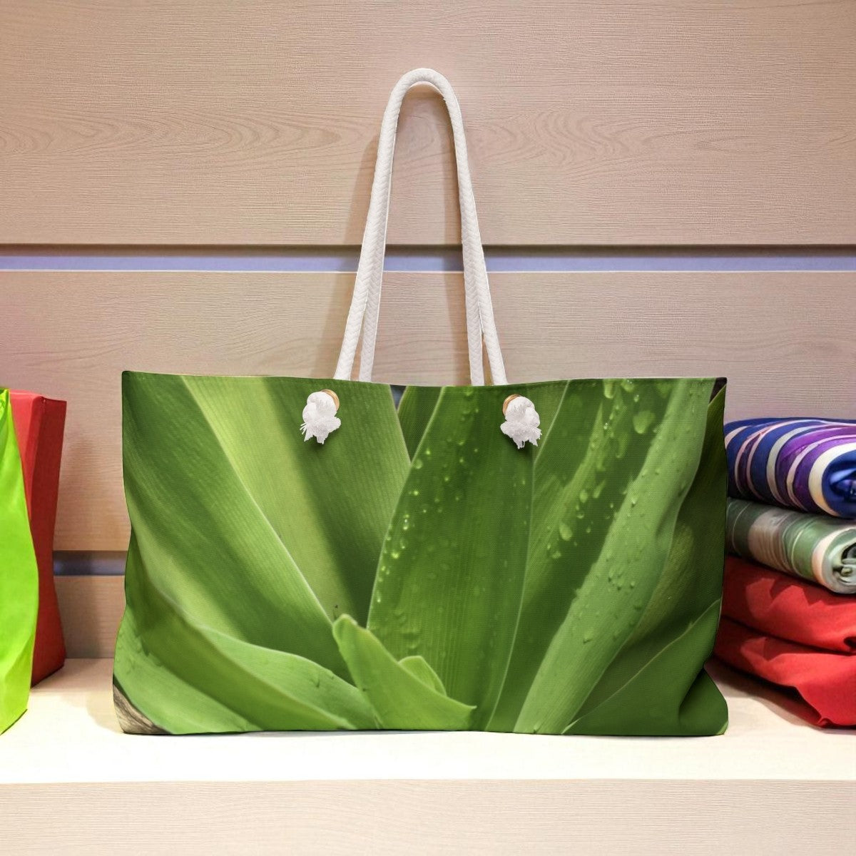 Tote bag with green leaf design on a wooden surface