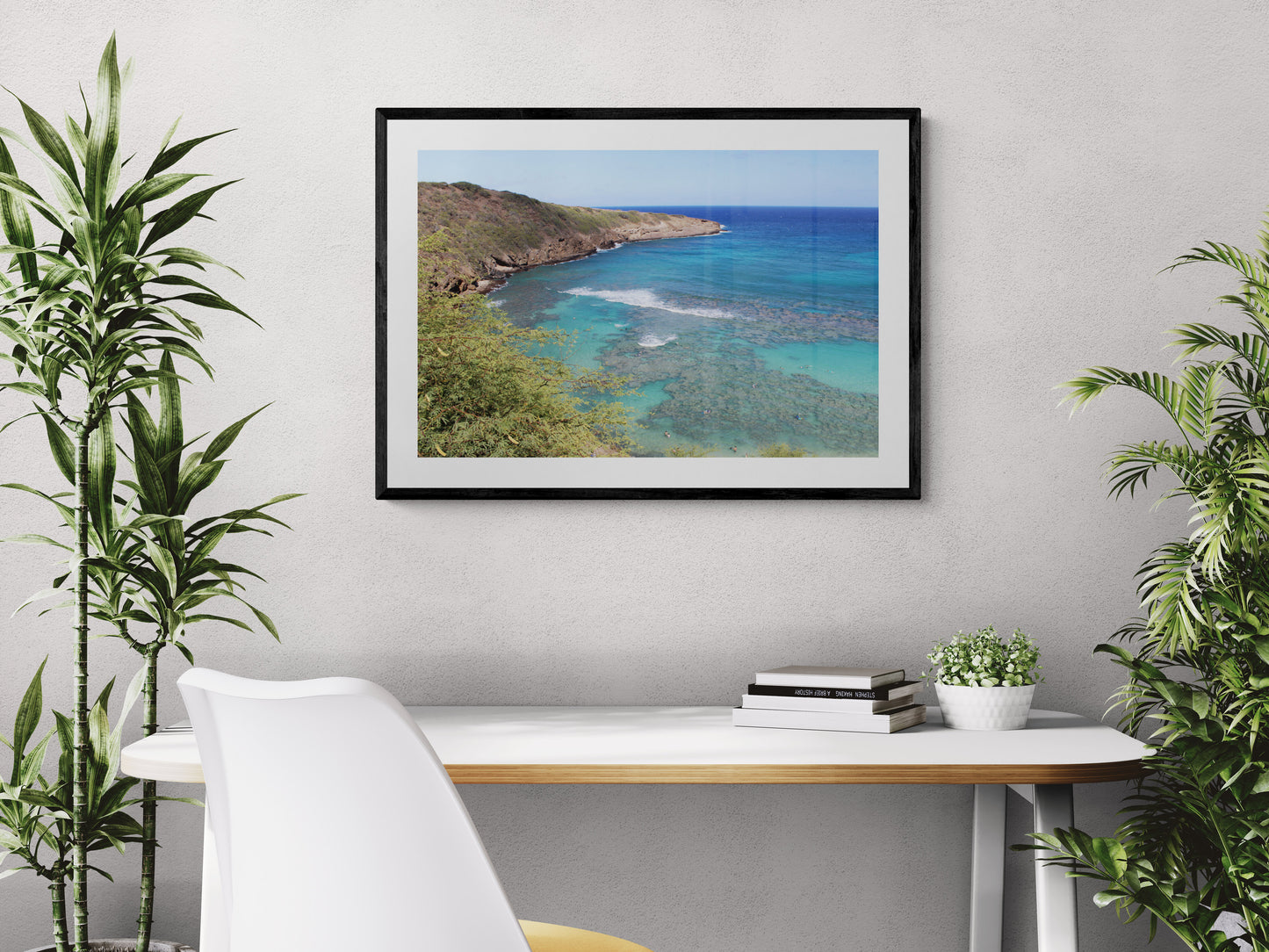 Framed photograph of a coastal landscape above a desk with plants. Hanauma Bay Surf Original Photograph by Kim A. Bailey