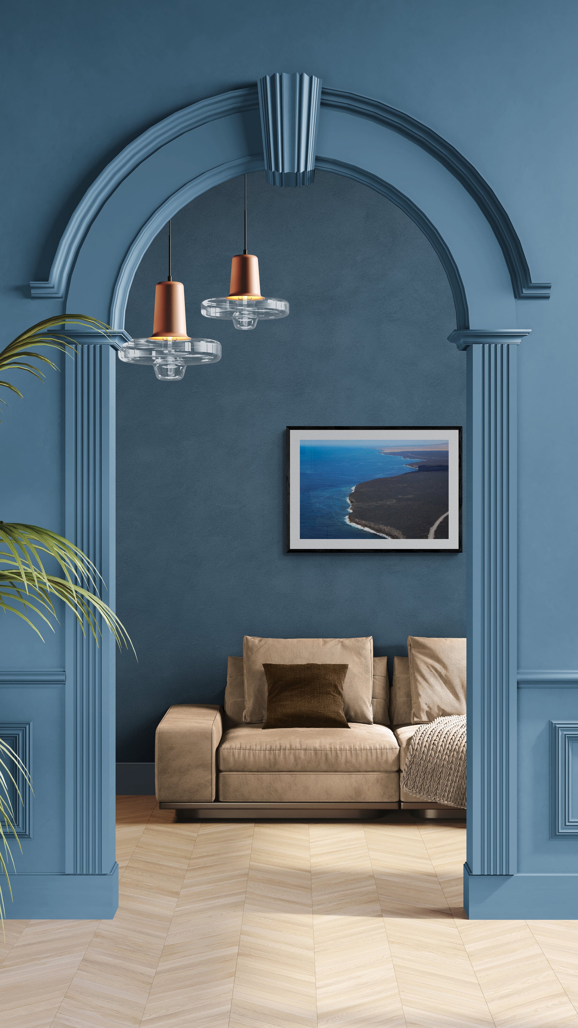 Living room with blue walls, beige sofa, and a framed picture.