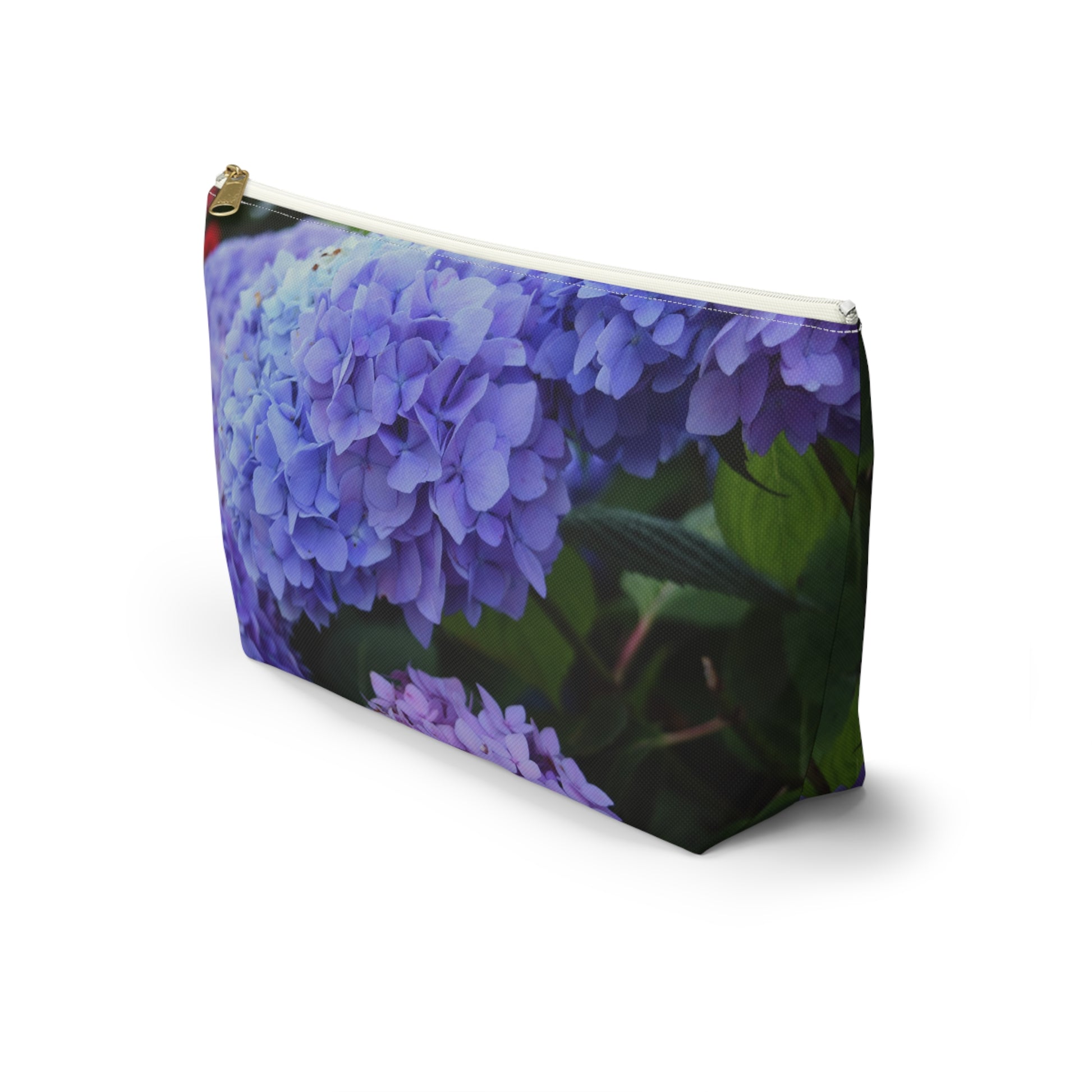 Pouch with a design of blue flowers on a white background