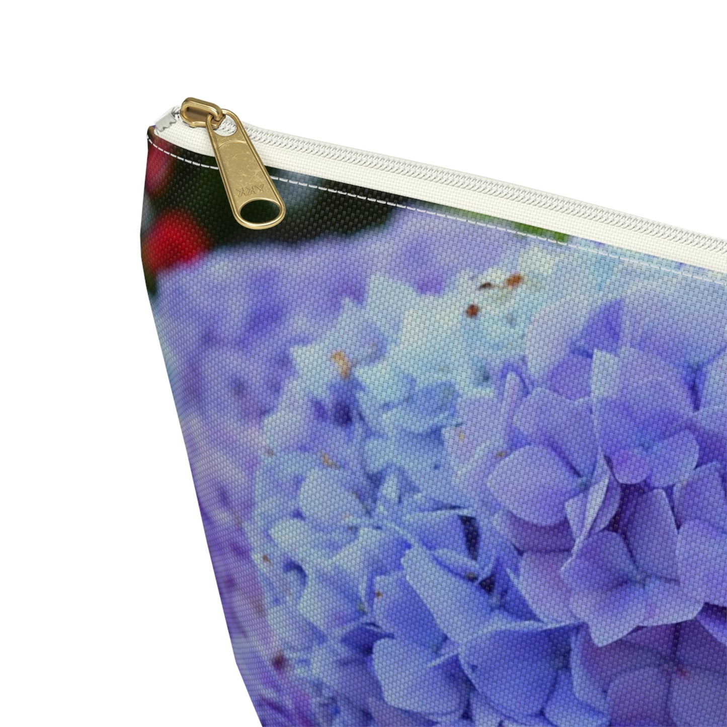 Floral-patterned pouch with a zipper on a white background