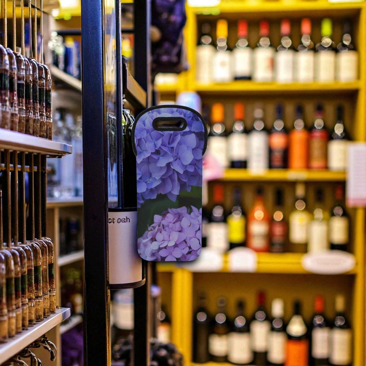 Phone case with purple floral design in a liquor store setting