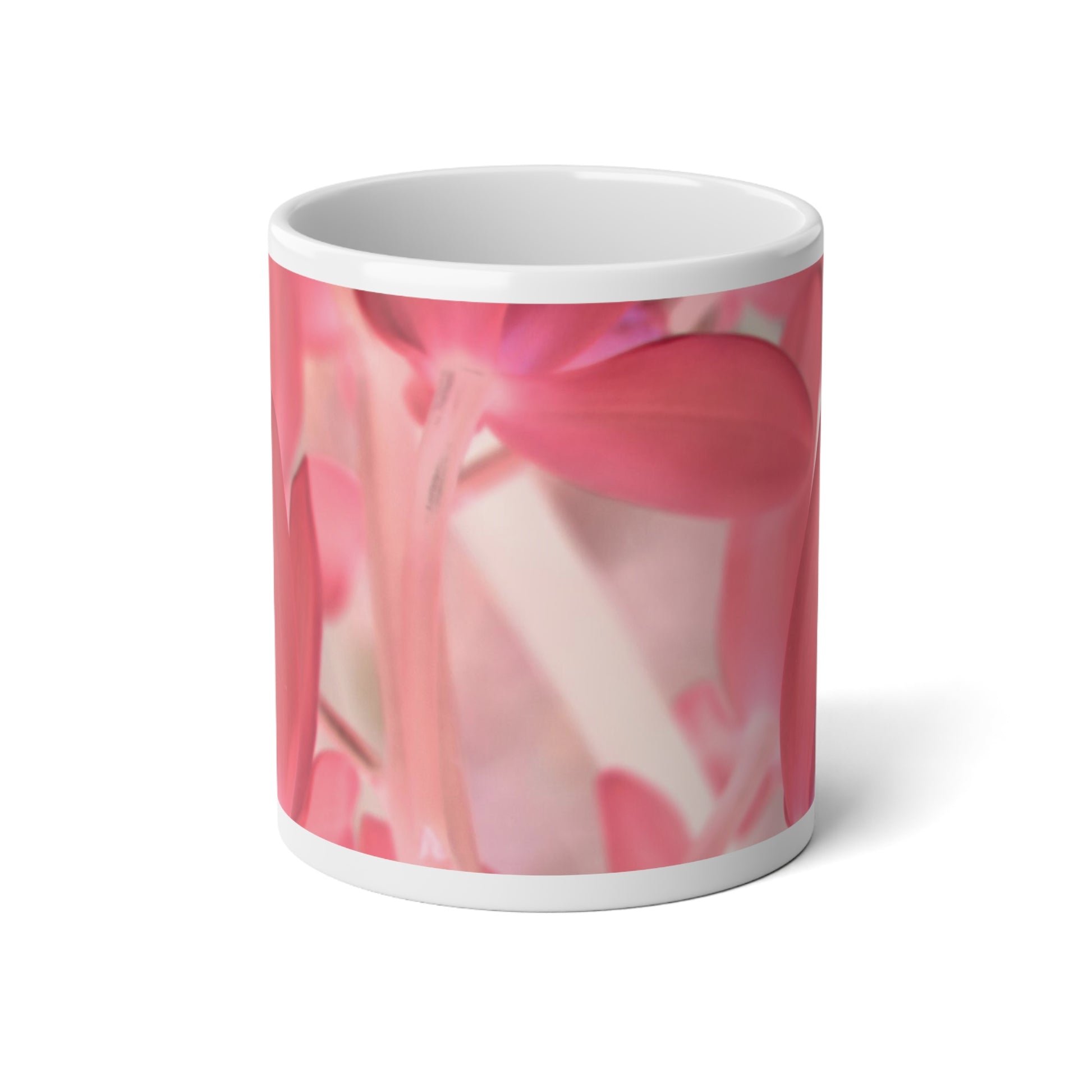A white ceramic mug with a glossy finish featuring a pink tinted orchid design.