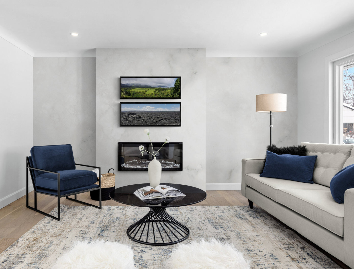 Modern living room with a gray sofa, blue armchair, and a coffee table Kilauea Lava Field Panoramic, Original Photograph by Kim A. Bailey