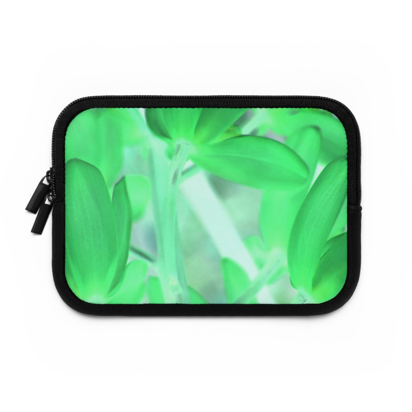 A neoprene laptop or tablet sleeve with a black back and a green floral design in the front, featuring dual zipper enclosures.