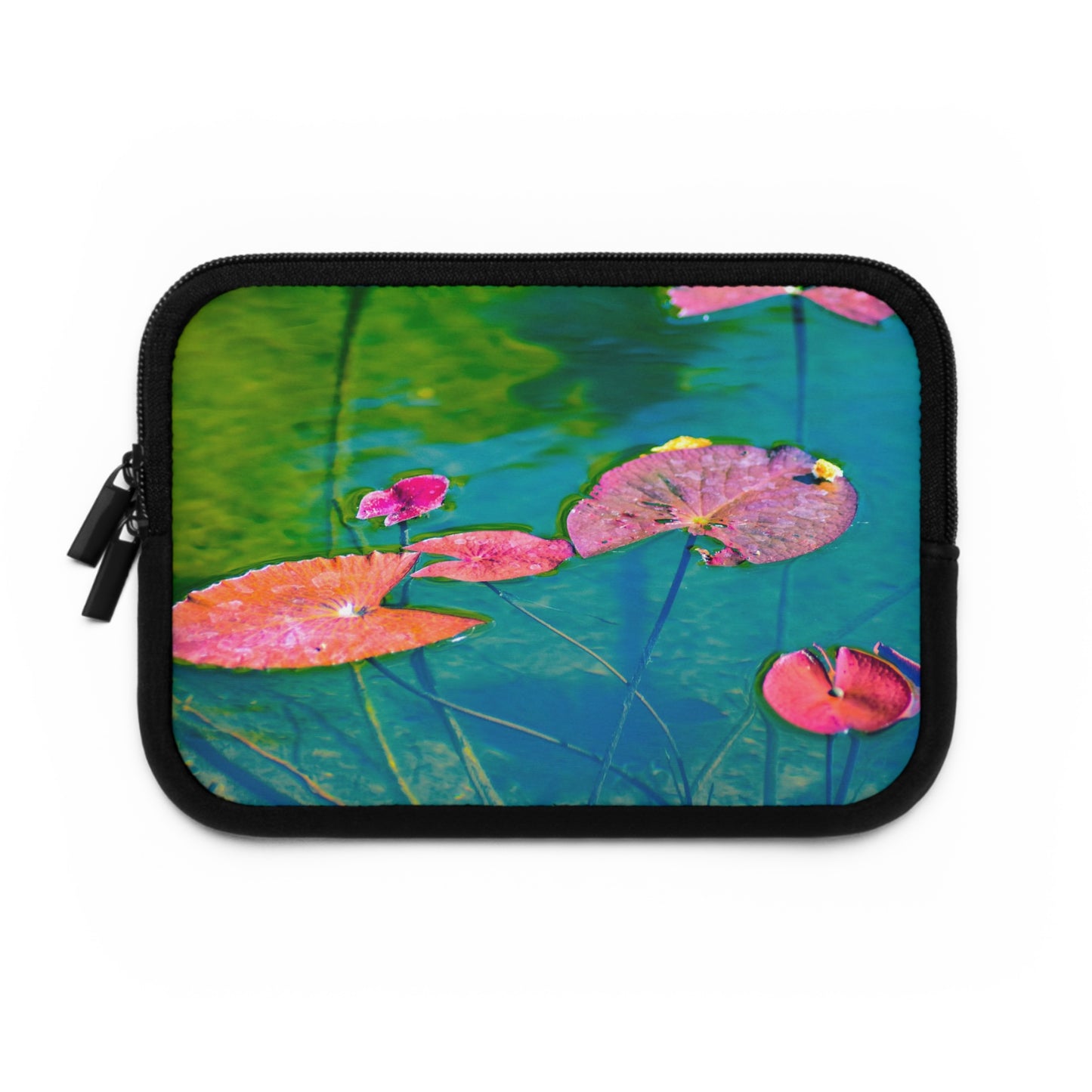 A laptop or tablet sleeve featuring a photograph of pink and green water lily leaves on a pond.