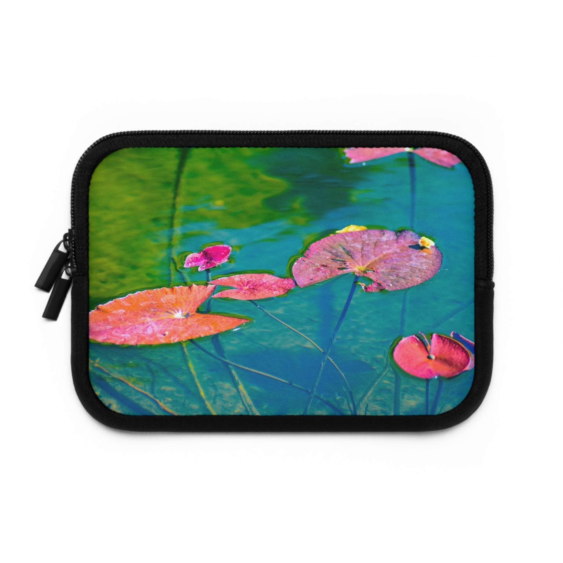 A laptop or tablet sleeve featuring a photograph of pink and green water lily leaves on a pond.