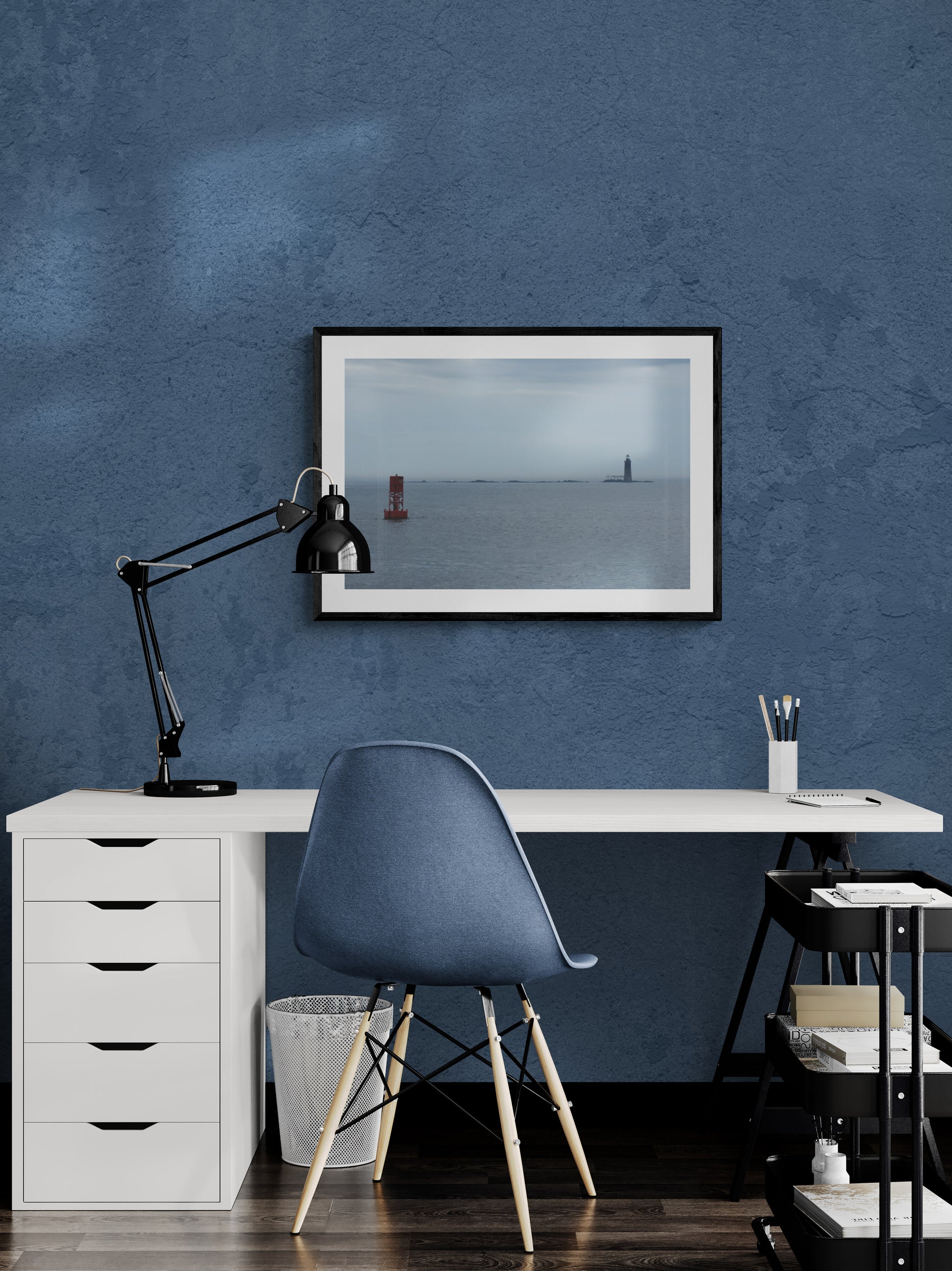 Modern home office with blue wall, desk, and chair. Lighthouse and Buoy Original Photograph by Kim A. Bailey