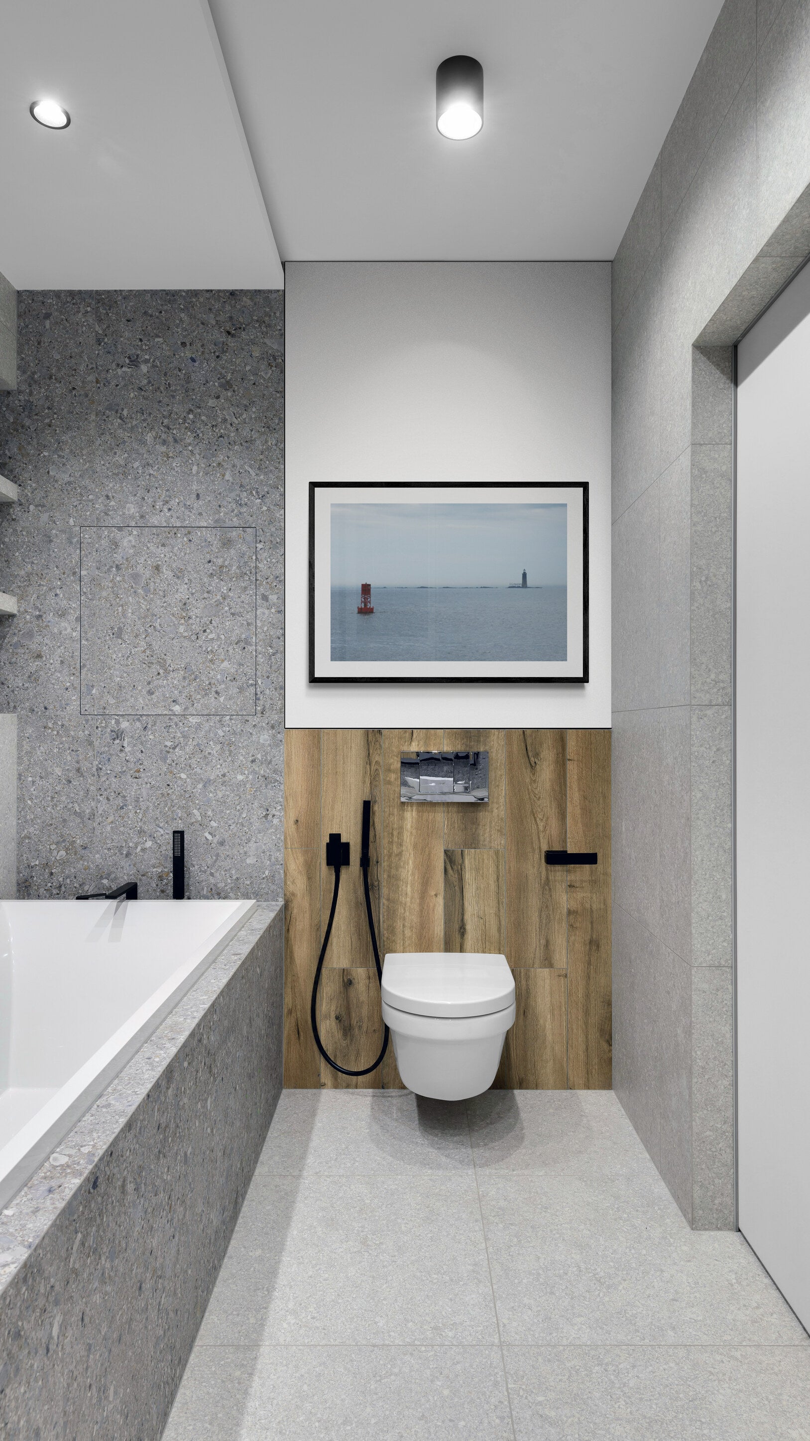 Modern bathroom with toilet, sink, and bathtub in a compact space. Lighthouse and Buoy Original Photograph by Kim A. Bailey