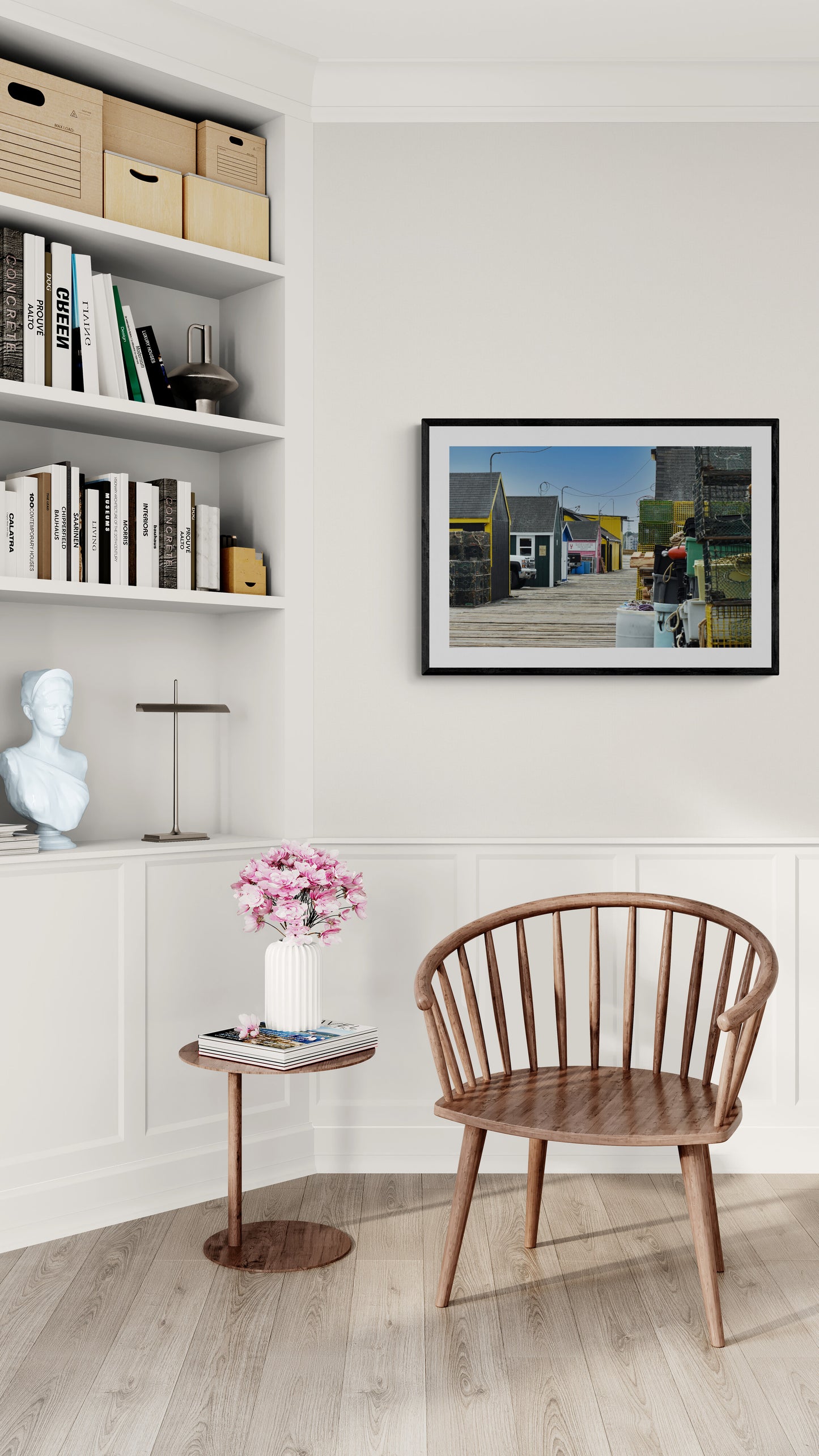 Nest living room with wooden chair, side table with flowers, and wall art. Maine_Lobster_Original_Photograph_by_Kim_A._Bailey