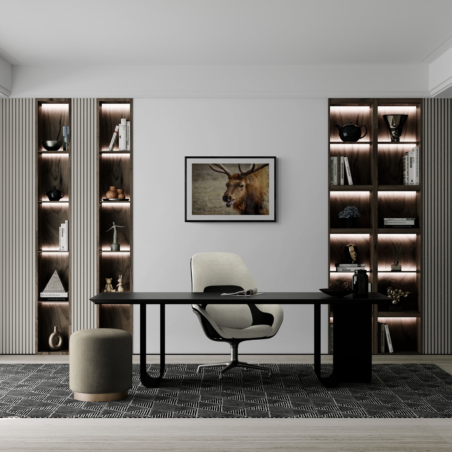 Modern office setup with a desk, chair, and bookshelves.