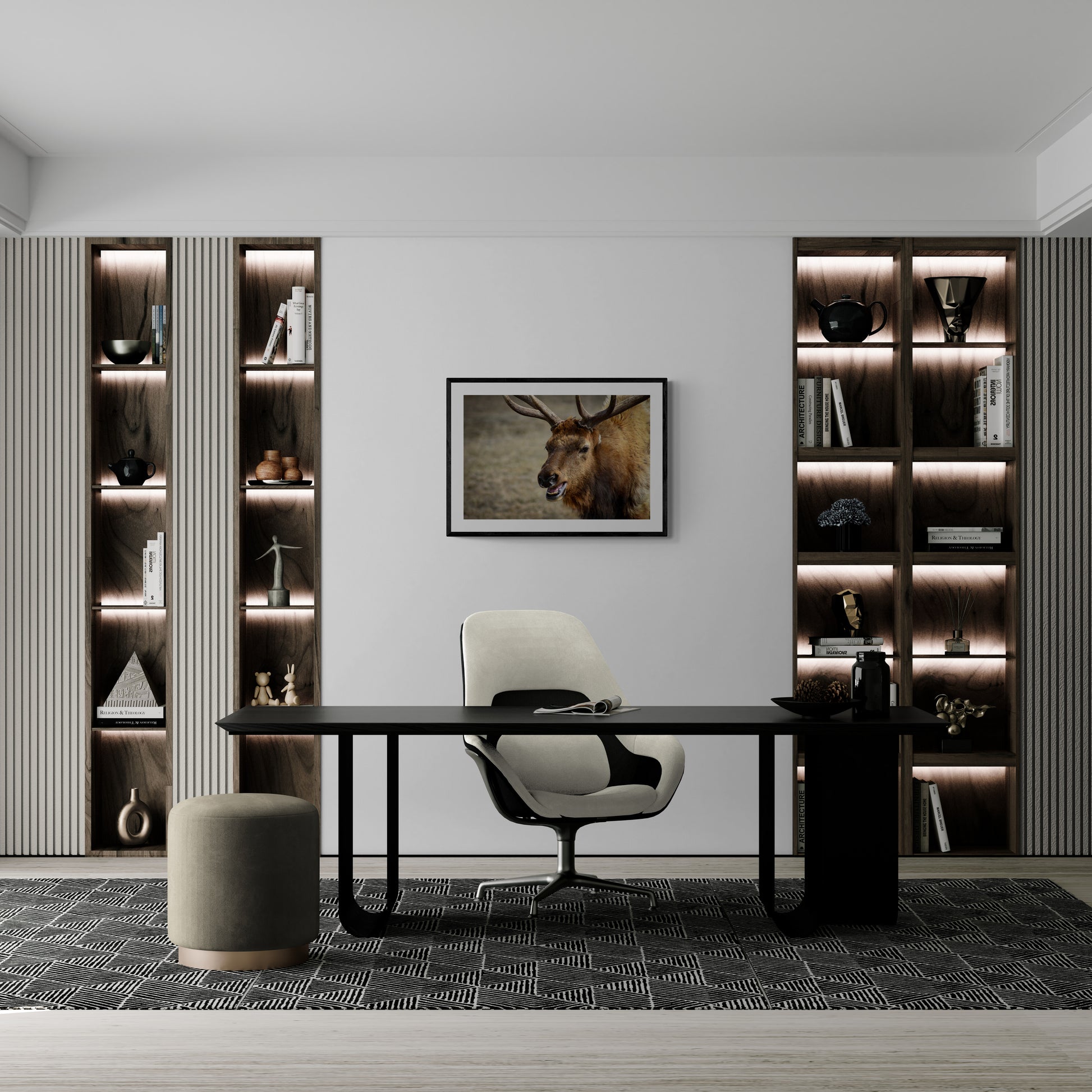 Modern office setup with a desk, chair, and bookshelves.