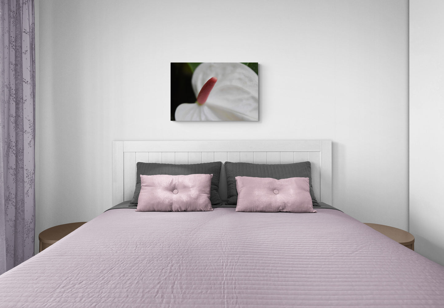 Minimalist Photography Prints for a Contemporary Look "White Anthurium Flower", Original Photograph by Kim A. Bailey Over a Bed