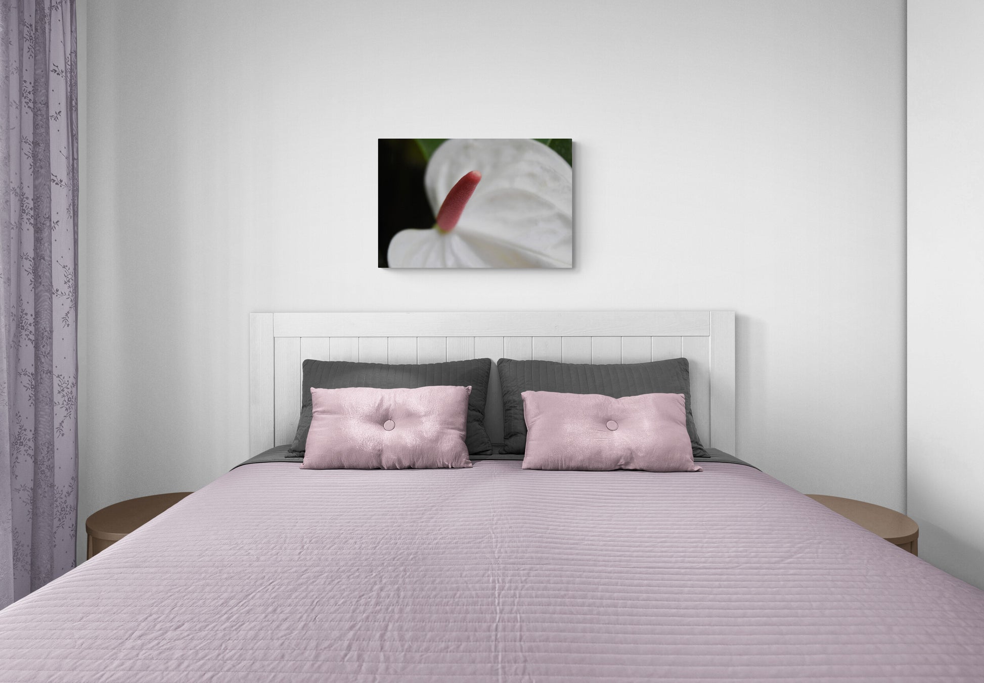 Minimalist Photography Prints for a Contemporary Look "White Anthurium Flower", Original Photograph by Kim A. Bailey Over a Bed