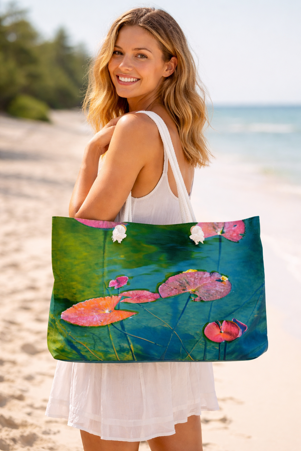 Water Lily Pink and Green Tote Bag shown by a blonde model on the beach