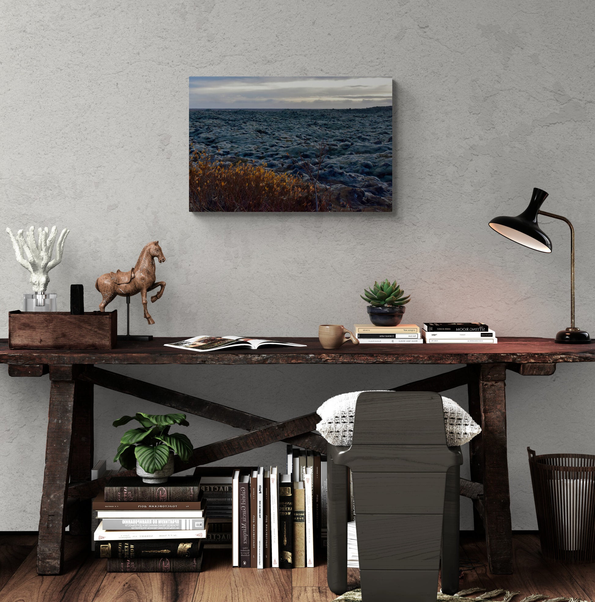 Moss Covered Lava Rocks, Original Photograph by Kim A. Bailey Hanging over a rustic table