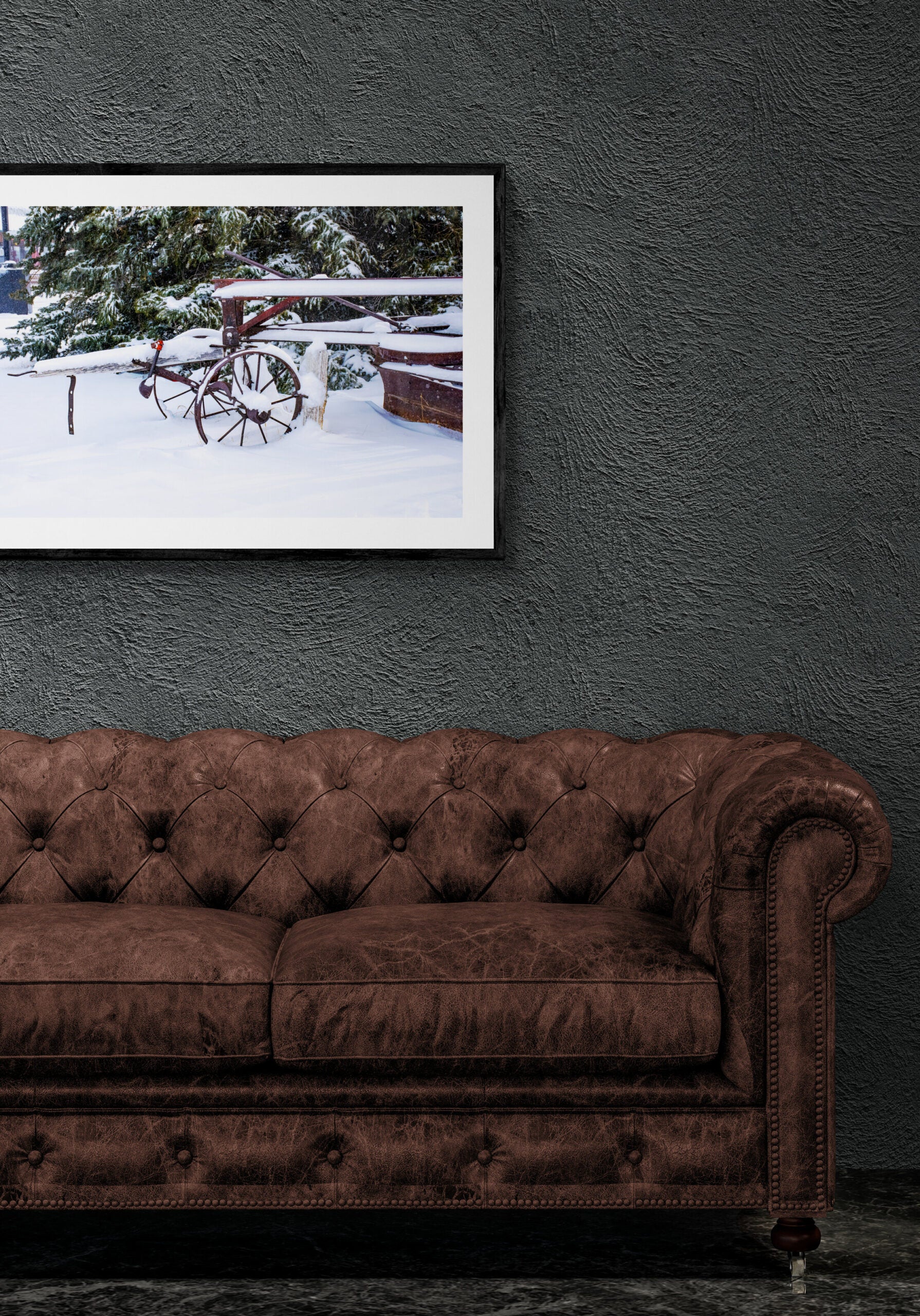 New-Fallen-Snow Original Photograph by Kim A. Bailey over a traditional leather sofa