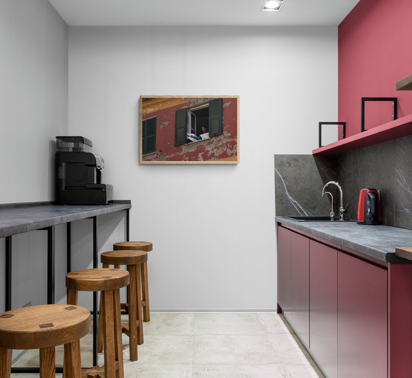 Modern kitchen with pink cabinets, gray Open_Window_Original_Photograph_by_Kim_A._Bailey
