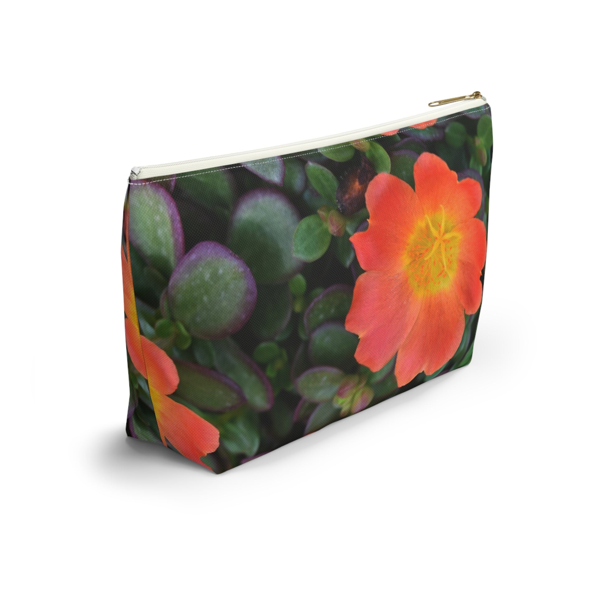 Cosmetic bag with floral design on a white background